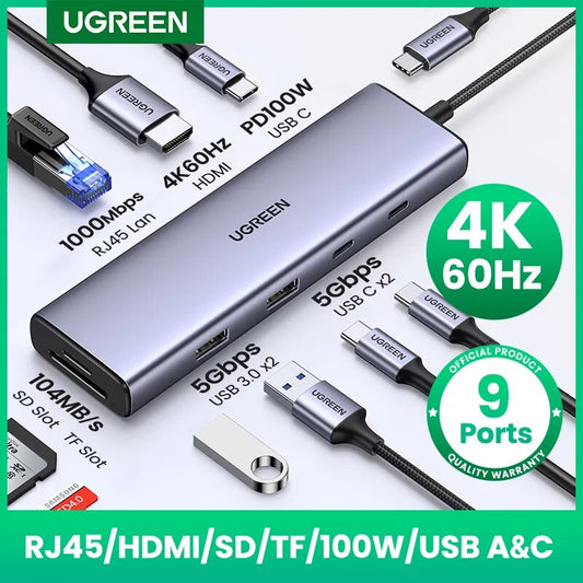 UGREEN USB C  9 port HUB showing all of its features