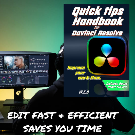 E book - Quick Tips Handbook  for  DaVinci Resolve cover shown with editing suite in the back ground
