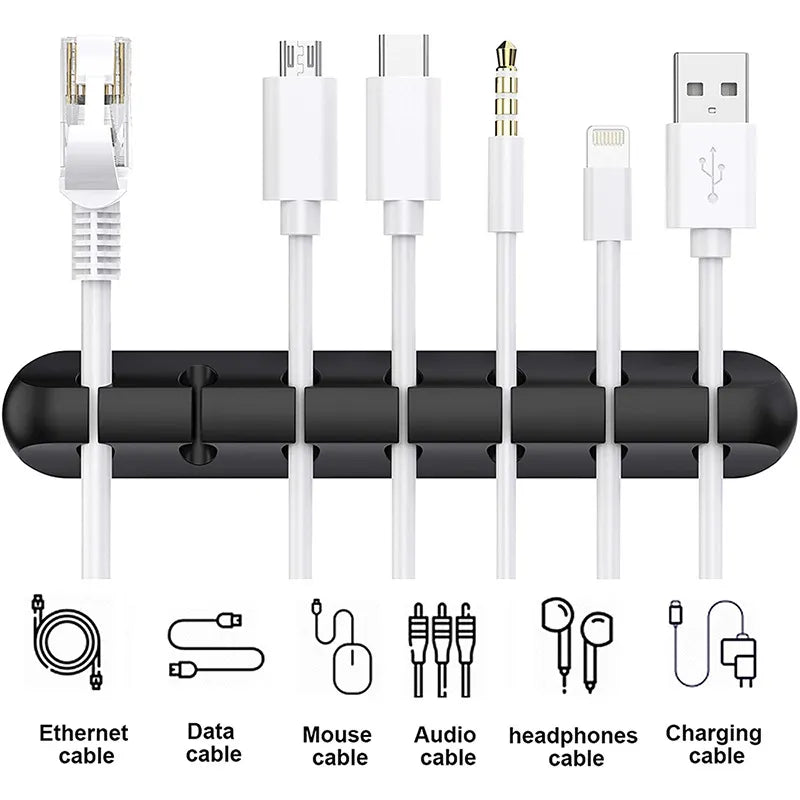 Scalloped Design Silicone Cable Organizer Black with different white cables, top view