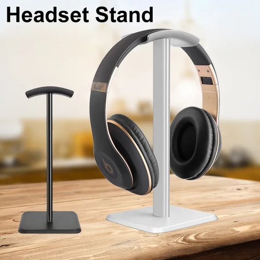 Alloy Aluminium Desktop Headset Stand Silver and Black on wood table