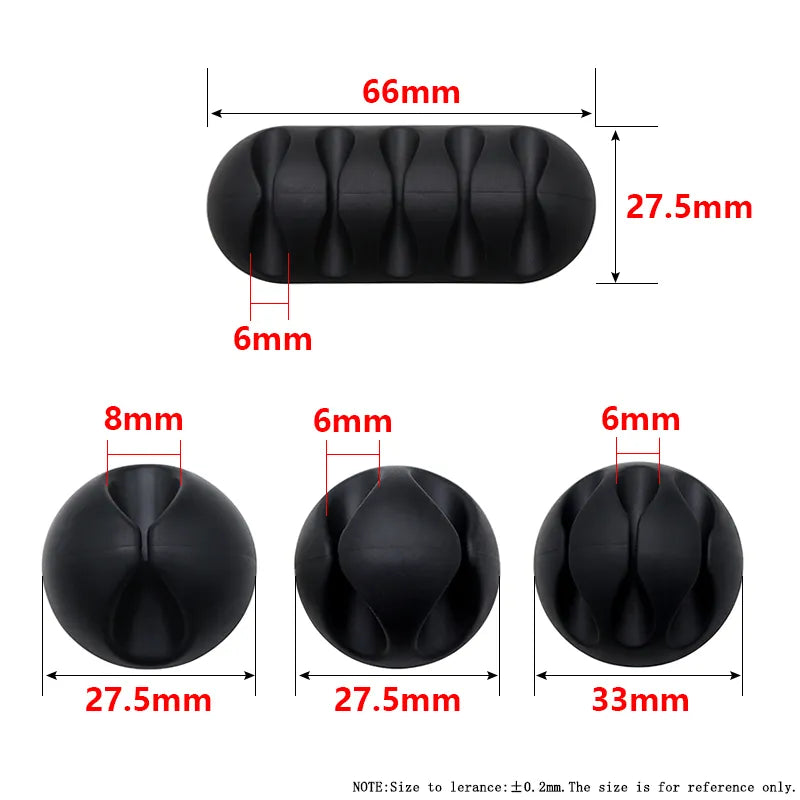 Round Design Silicone USB Cable Organizer in black with dimensions