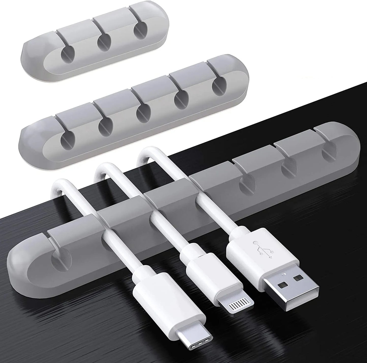 Scalloped Design Silicone Cable Organizer Grey on back desk with cables