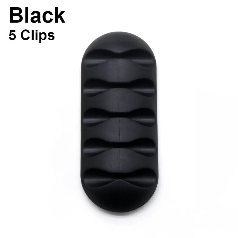 Round Design Silicone USB Cable Organizer black 5 clip