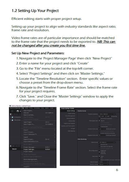E book - Quick Tips Handbook  for  DaVinci Resolve sample page  - set up project
