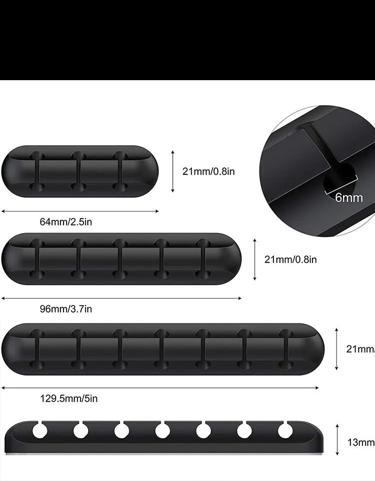 Scalloped Design Silicone Cable Organizer set in black with dimensions