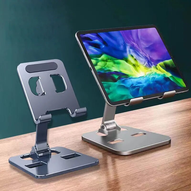 Portable Tablet Holder with tablet on wooden desk and green background