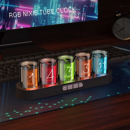 Nixie Digital RGB LED Tube Clock in RGB mode on Desk infront of PC