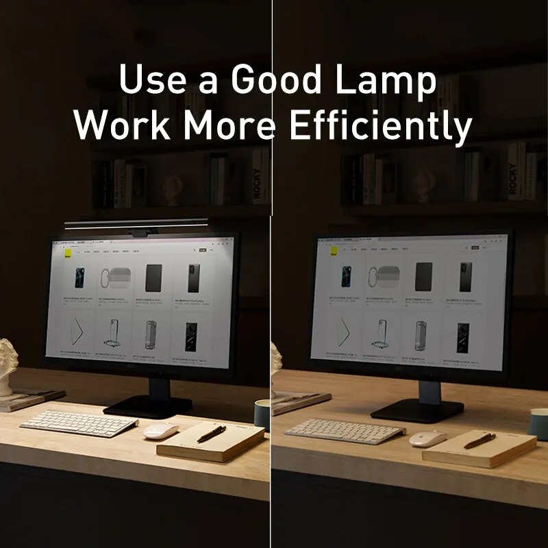 Baseus Computer Light Desk/Screen Light on  screen compared to without one, side perspective view