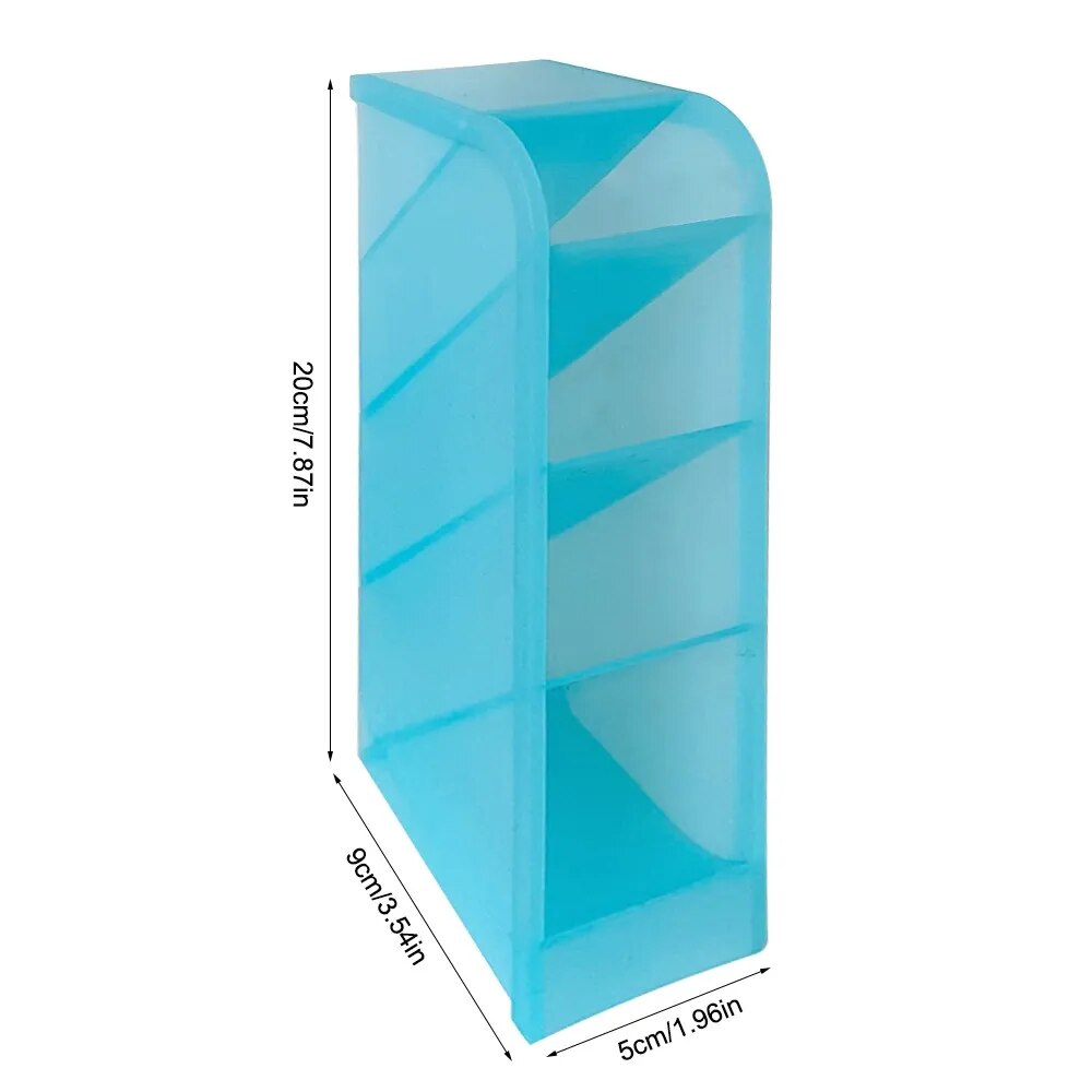 Desk Organizer Storage Box small diagonal insert transluscent light blue with dimensions perspective view