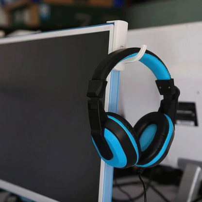 Universal Headphone Headset Hanger on white on the edge of a screen with headphones on it