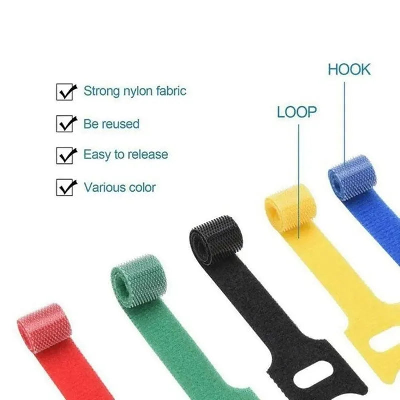 Hook Loop Cable Organizer Ties in different colours and showing features