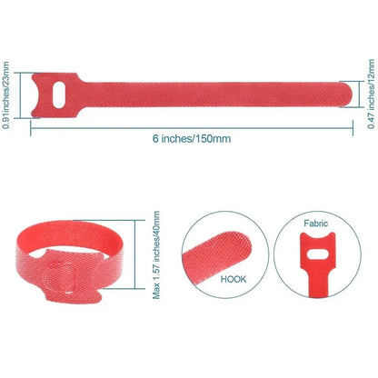 Hook Loop Cable Organizer Ties with simensions in red