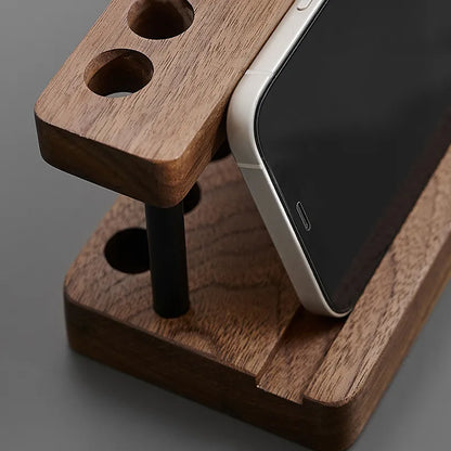 Walnut Pen Holder - Phone Stand with phone on grey desk , close up