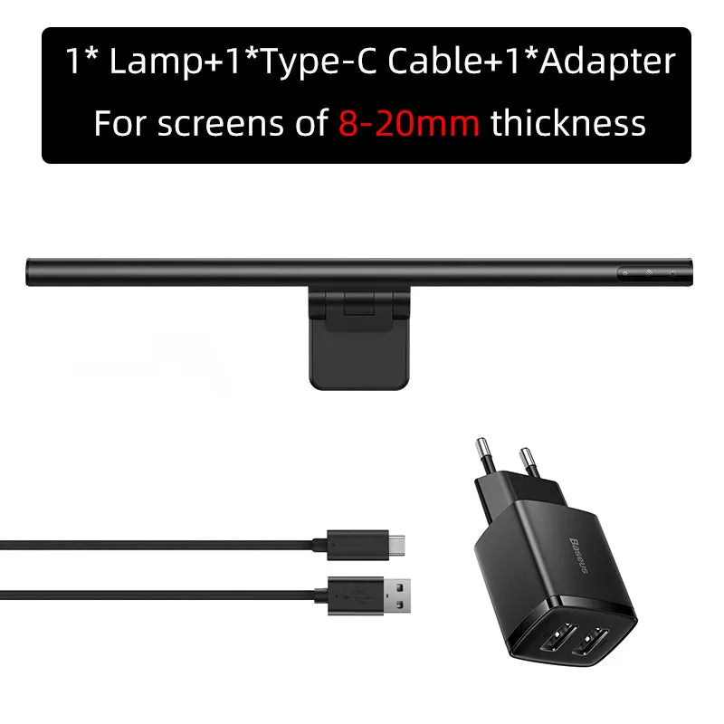 Baseus Computer Light Desk/Screen Light shown with cable and power adaptor, top view