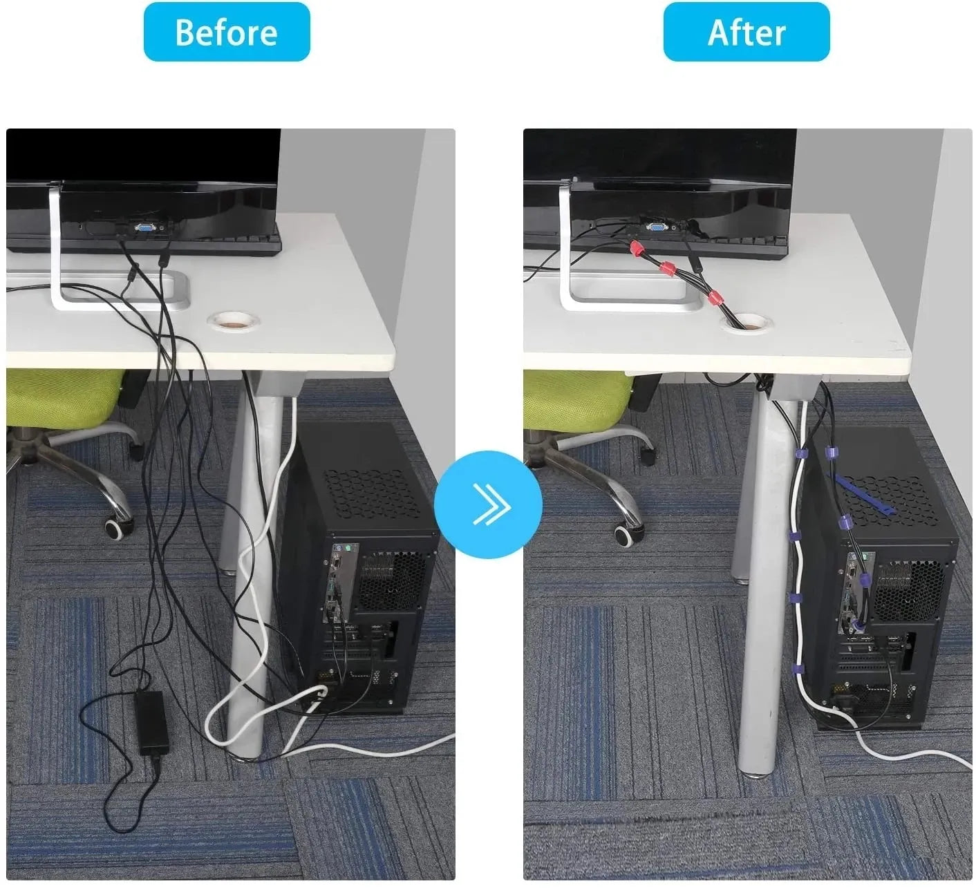 Hook Loop Cable Organizer Ties before and after using it