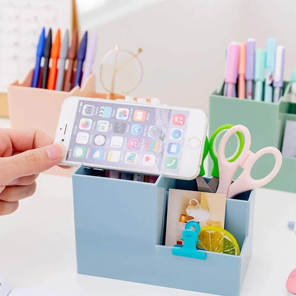 Desk Organizer Storage Box square set showing smart phone cut out being used