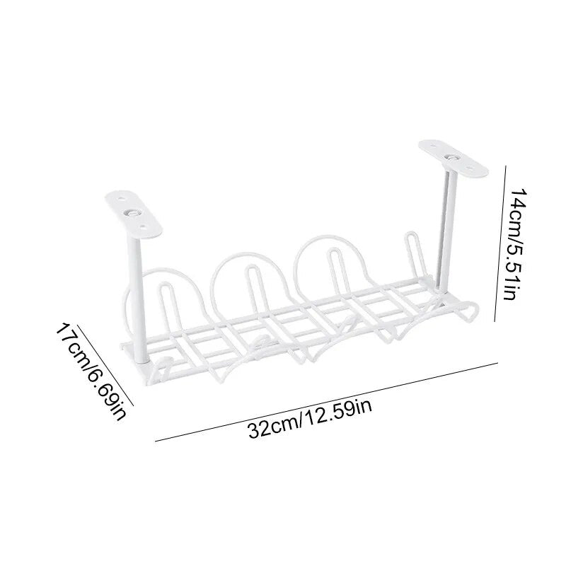 Under Desk Cable Management Rack in white with dimensions