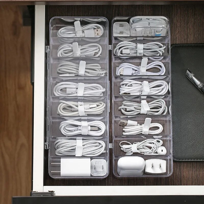Transparent Cable Organizer Box x 2 with cables, top view