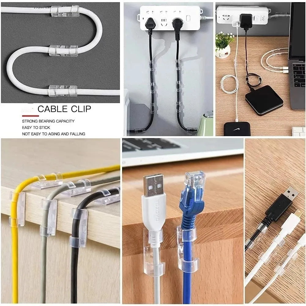 Cable Organizer Clips shown to be used to route cables on , desks and walls.