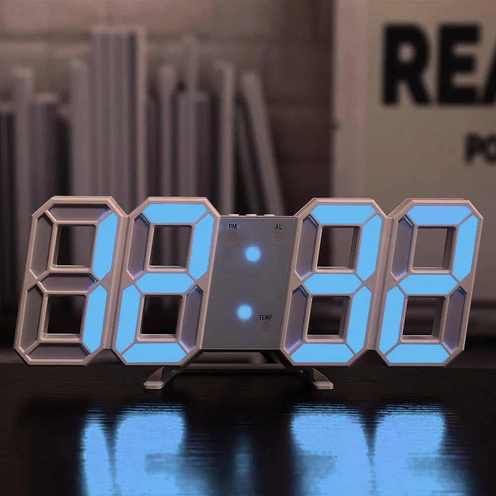 Large Smart 3d Digital Alarm Clock blue light, front view