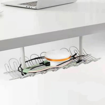 Under Desk Cable Management Rack white with wireless charger and cables